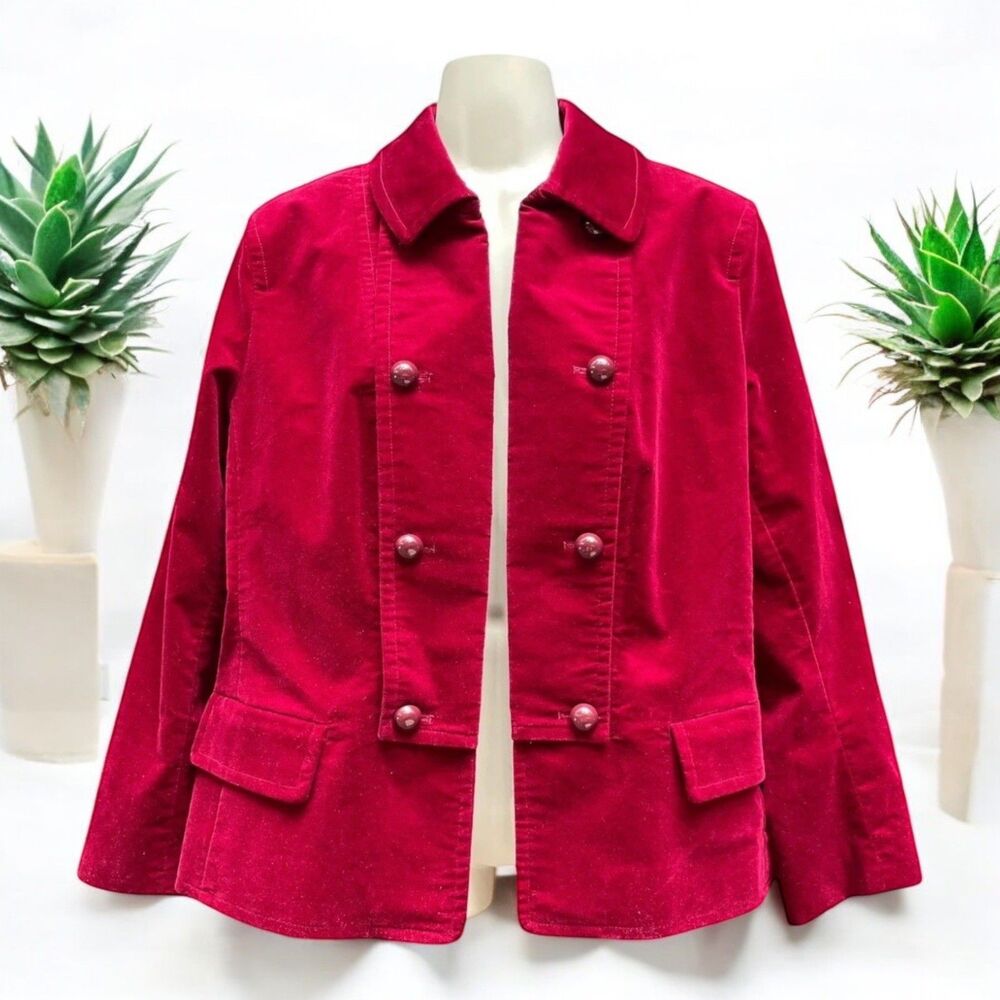 Talbots Velvet Petite Blazer Jacket Women’s 8P Red Wine Military Pea Coat Button